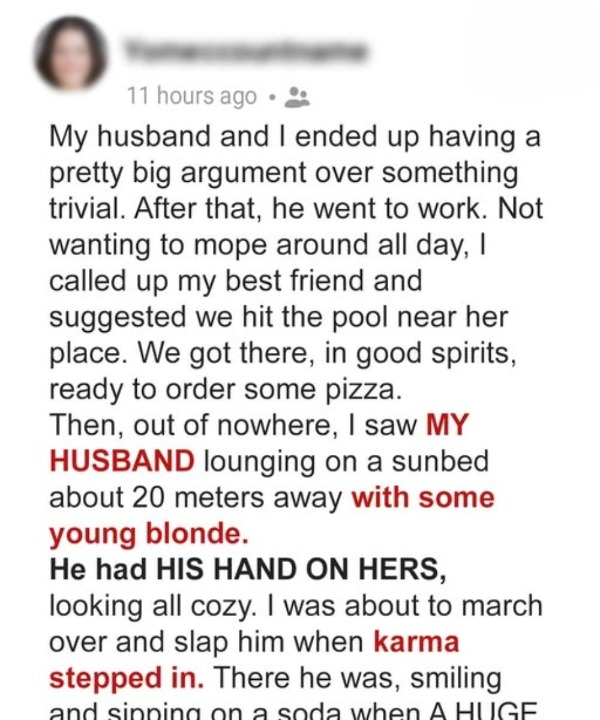When I saw my husband lounging at the public pool with a young blonde woman, I was ready to confront him right there and demand answers